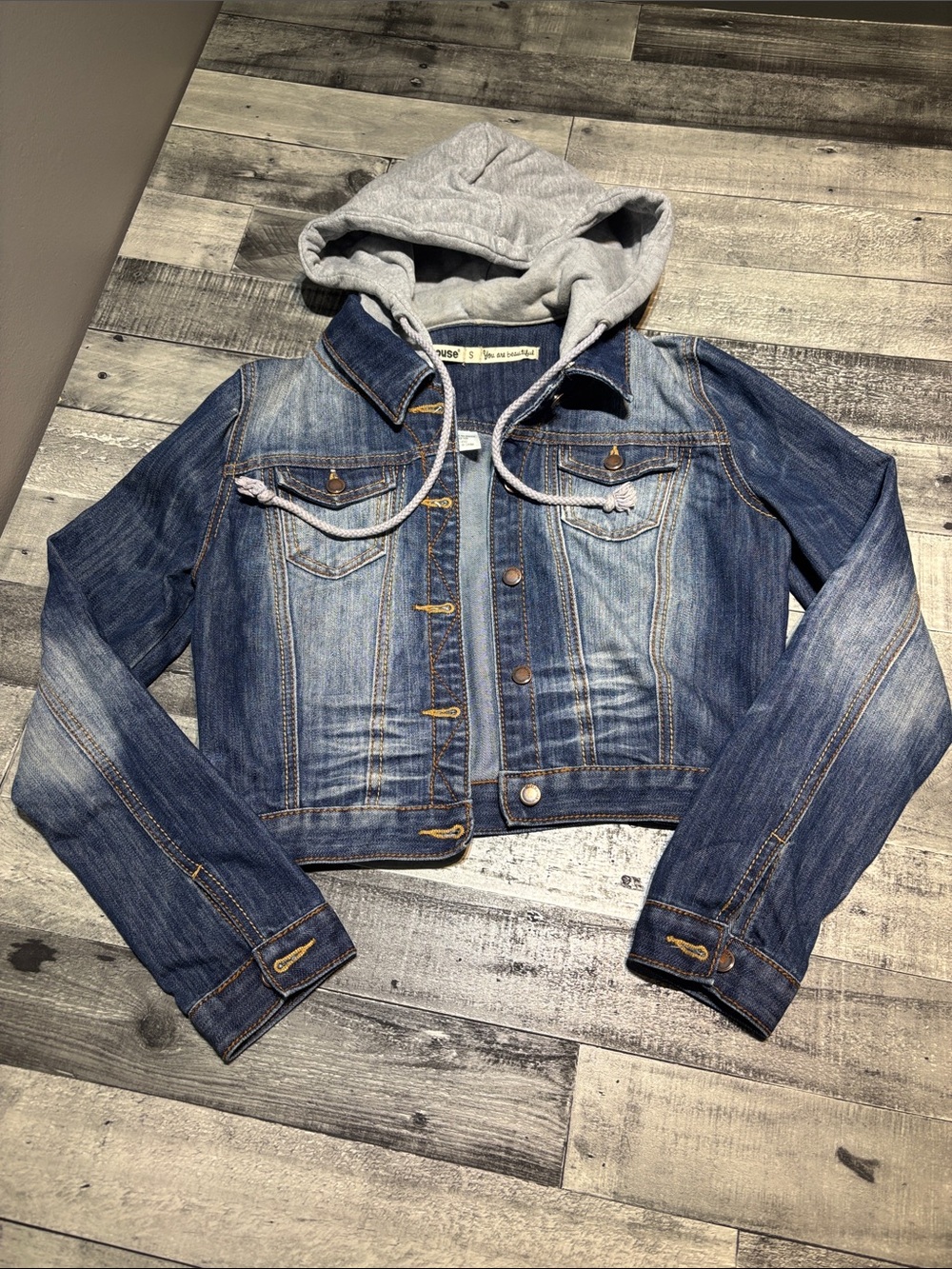 Crop Blue Denim Jacket with Gray Hood